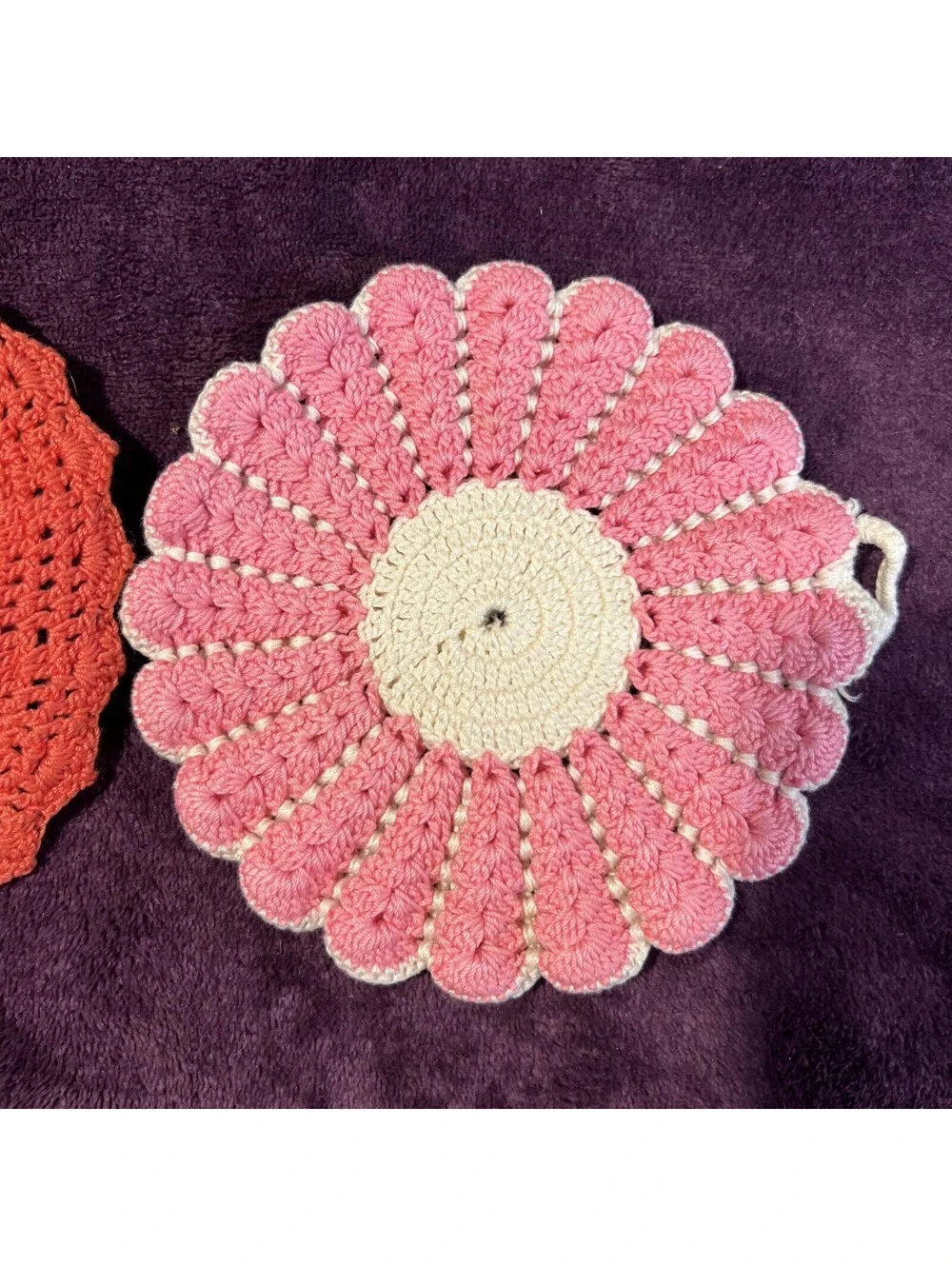 Vintage Handmade Crocheted Pot Holder Doily White Pink & Orange Green 5 1/2